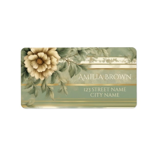 Sage green striped gold flower address label (Front)
