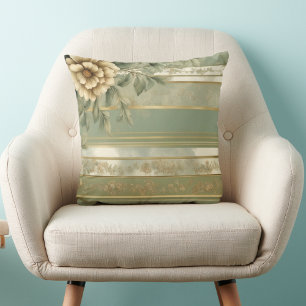 Sage green striped gold flower baroque throw pillow