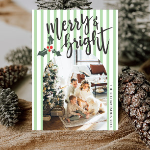 Sage Green Striped Merry & Bright Christmas Photo Holiday Card