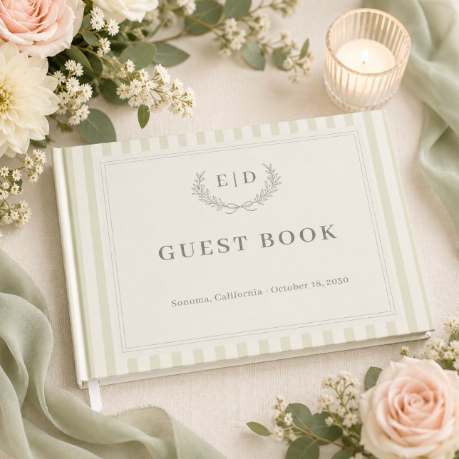 Sage Green Striped Monogram Wedding Guest Book (Creator Uploaded)