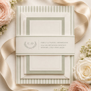Sage Green Striped Monogram Wedding Invitation Belly Band