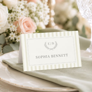 Sage Green Striped Monogram Wedding Place Card