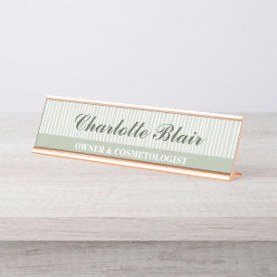 Sage Green Striped Personalized Desk Name Plate