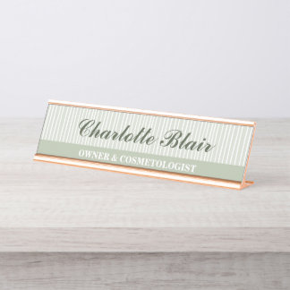 Sage Green Striped Personalized Desk Name Plate
