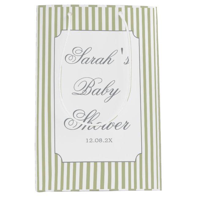 Sage Green Stripes Baby Shower  Medium Gift Bag (Front)