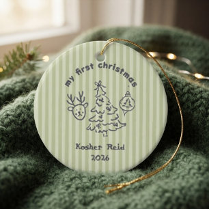 Sage Green Stripes Birth Stat Baby First Christmas Ceramic Ornament