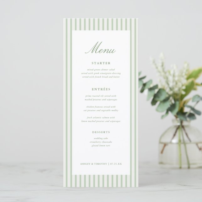 Sage Green Stripes Classic Wedding Table Menu (Standing Front)