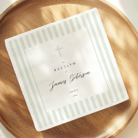 Sage Green Stripes Elegant Baptism Paper Napkin