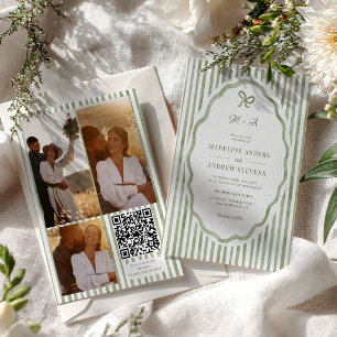 Sage Green Stripes Garden Photo QR Wedding Invitation