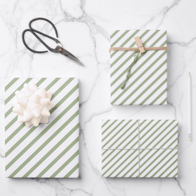 Sage Green Stripes Pattern Wrapping Paper Sheet (Front)