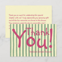 Sage Green Stripes Pink Bridal Shower Thank You