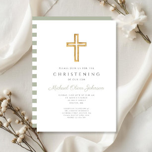 Sage Green Stripes Religious Cross Christening Invitation