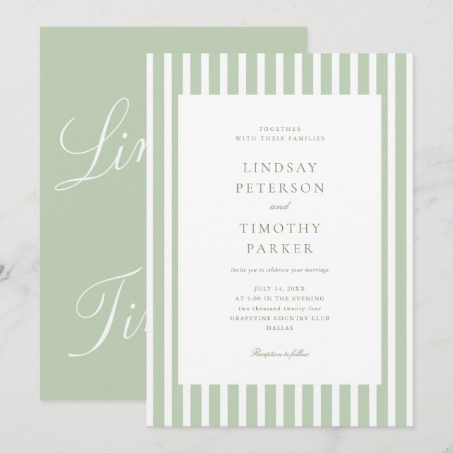 Sage Green Stripes Summer Classic Wedding  Invitation (Front/Back)