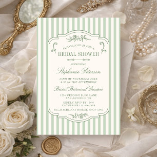 Sage Green Stripes Vintage Floral Bridal Shower Invitation