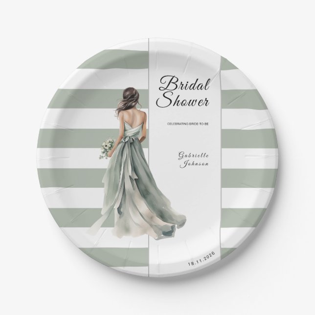 Sage Green Stripes Watercolor Bride Bridal Shower Paper Plate (Front)