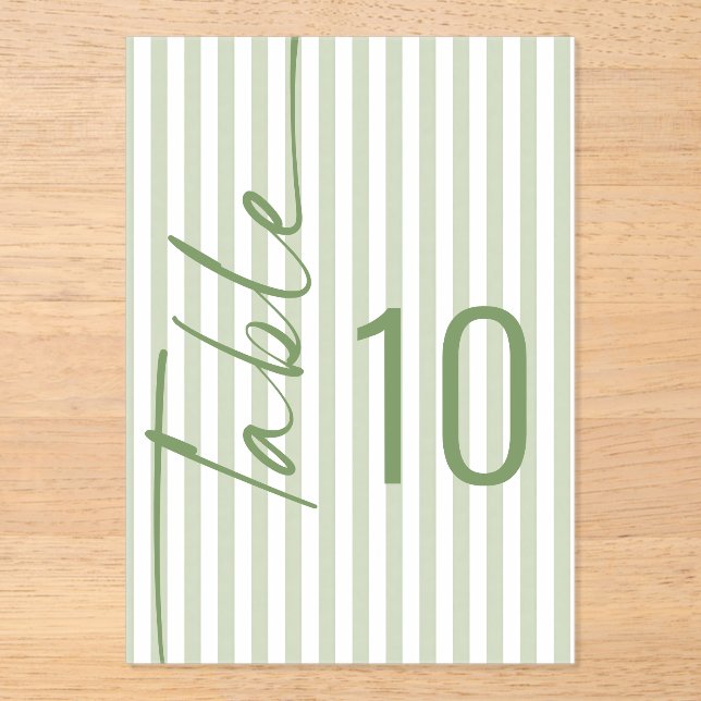 Sage Green Stripes Wedding Acrylic Table Number (Front)