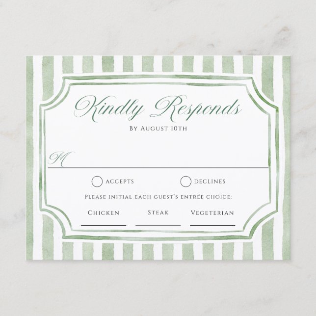Sage Green Stripes Wedding RSVP Cards (Front)