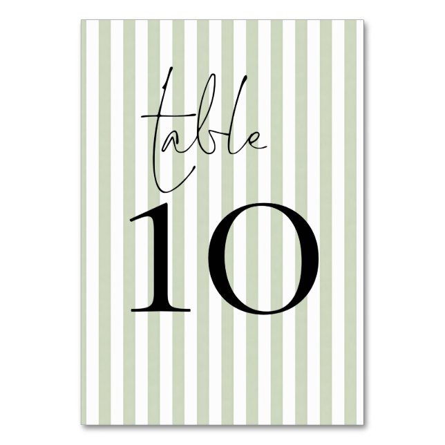 Sage Green Stripes Wedding Table Number (Front)
