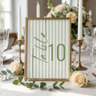 Sage Green Stripes Wedding Table Number card