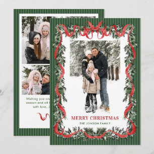 Sage Green Stripped Red Bow Christmas 5 Photo Holi Holiday Card
