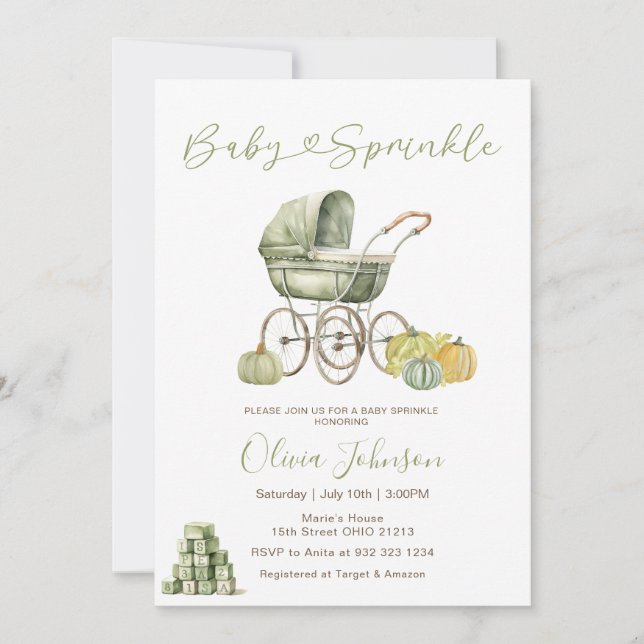 Sage Green Stroller Baby Sprinkle Baby Shower Invitation (Front)