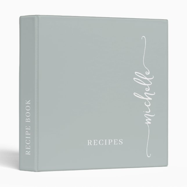 Sage Green Stylish Monogram Cookbook Recipe  Binder (Front/Spine)