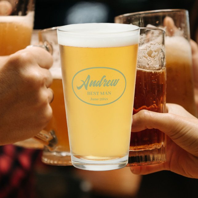 Sage Green Stylized Name Wedding Best Man Glass (In Situ)