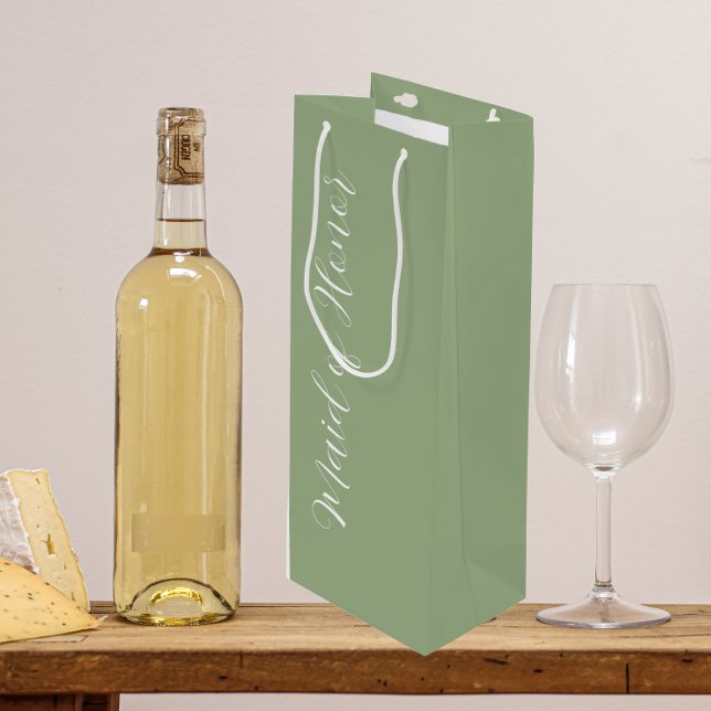 Sage Green Stylized Script Maid of Honour Wine Gift Bag (In Situ)