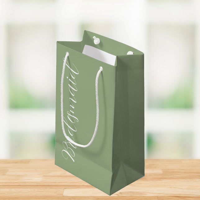 Sage Green Stylized Script Wedding Bridesmaid Small Gift Bag (In Situ)