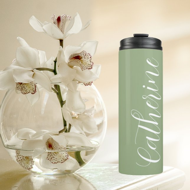 Sage Green Stylized Wedding Bridesmaid Thermal Tumbler (In Situ)