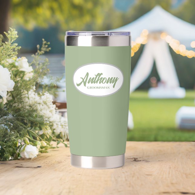 Sage Green Stylized Wedding Groomsman Insulated Tumbler (Wedding (Rotated))
