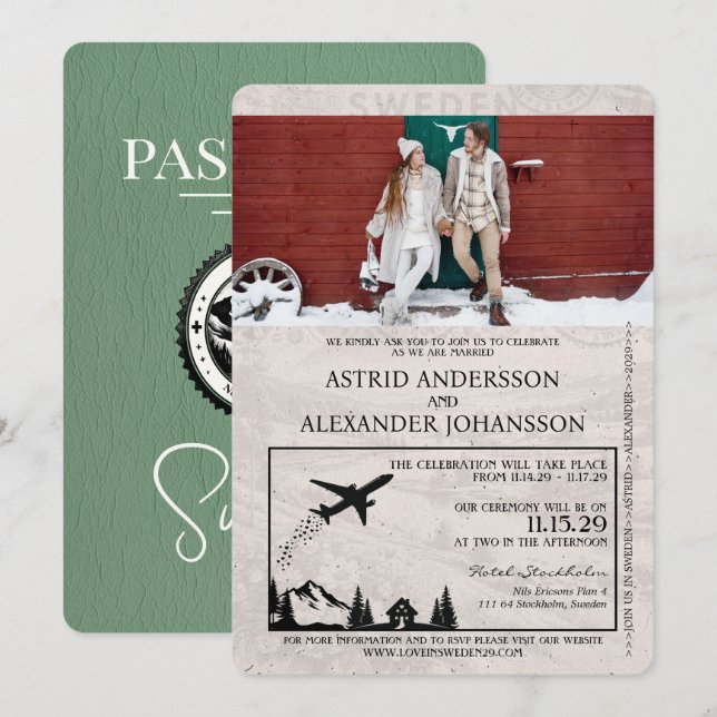 Sage Green Sweden Passport Wedding Invitation (Front/Back)
