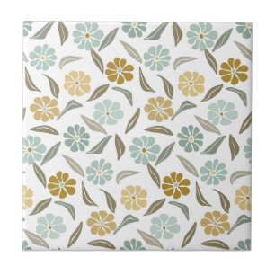 Sage green tan retro floral pattern tile