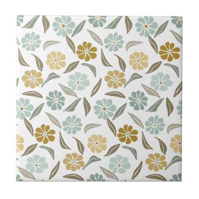 Sage green tan retro floral pattern tile (Front)