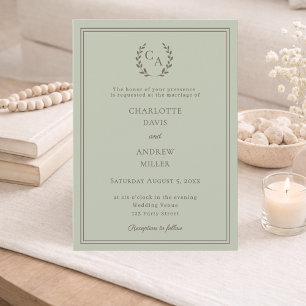 Sage green taupe wreath monogram simple wedding  invitation