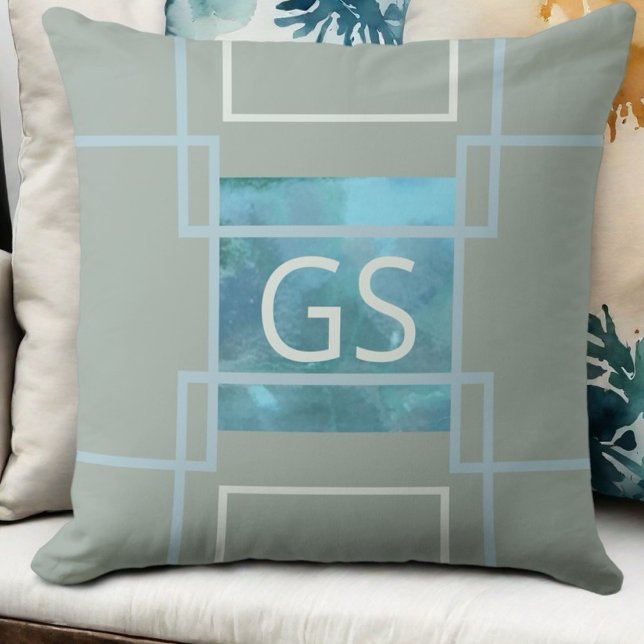Sage green teal blue monogram watercolor modern  throw pillow (Creator Uploaded)