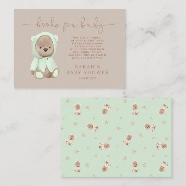 Sage Green Teddy Bear Baby Shower Book Request Enclosure Card (Front/Back)