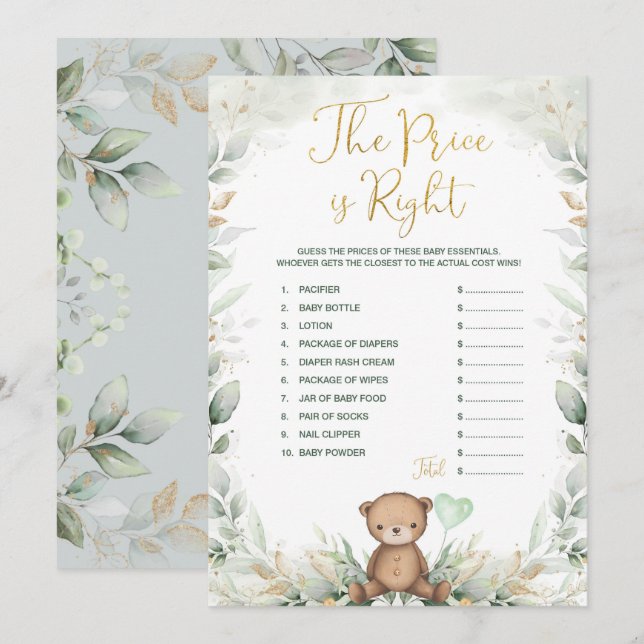 Sage Green Teddy Bear Guess the Right Price Game Invitation (Front/Back)