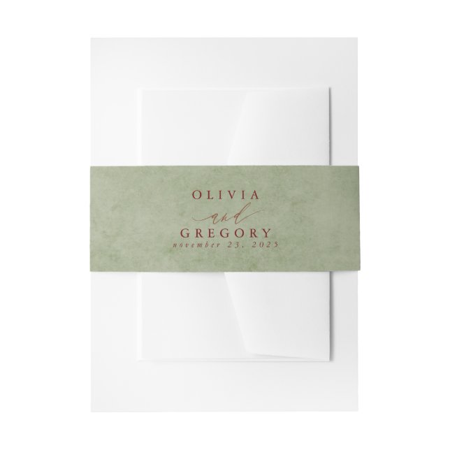 Sage Green & Terracotta Shades Text Colour Wedding Invitation Belly Band (Front Example)