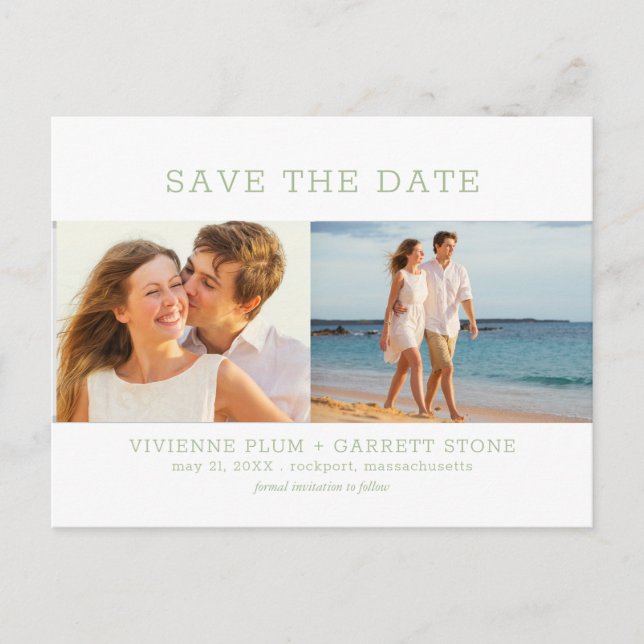 Sage Green Text 3 Photo Wedding Save the Date Announcement Postcard (Front)