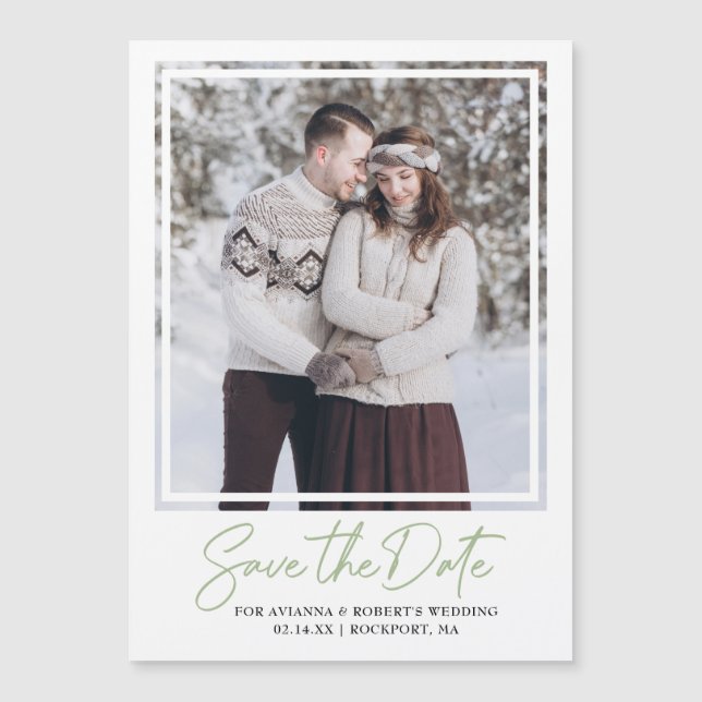 Sage Green Text and Photo Save the Date Magnetic Invitation (Front)