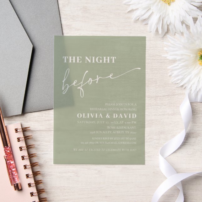 Sage Green The Night Before Rehearsal Dinner Vellum Invitations (Wedding)