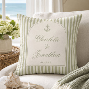 Sage Green Ticking Stripe Custom Couple Names Throw Pillow