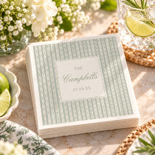 Sage Green Ticking Stripe Personalized Wedding Napkin