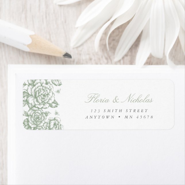 Sage Green Toile Address Label French Chinoiserie (Insitu)