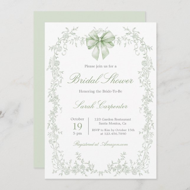 Sage Green Toile and Bow Bridal Shower Invitation (Front/Back)