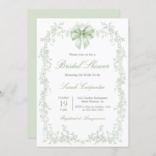 Sage Green Toile and Bow Bridal Shower Invitation