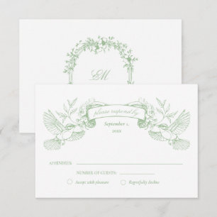 Sage Green Toile Birds Wedding RSVP Card