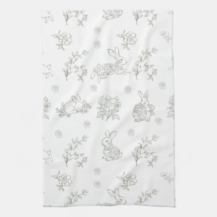Sage Green Toile Bunny Rabbits Kitchen Towel