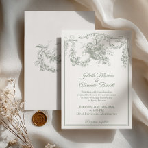 Sage Green Toile de Jouy Paris Wedding Invitation